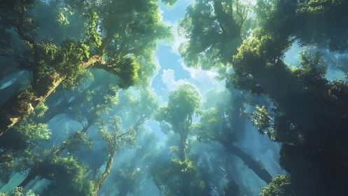 Sunlit Forest Canopy Looking Upward