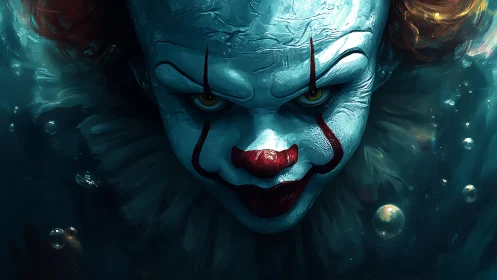 Drowned circus grin surfaces through teal water like a nightmare