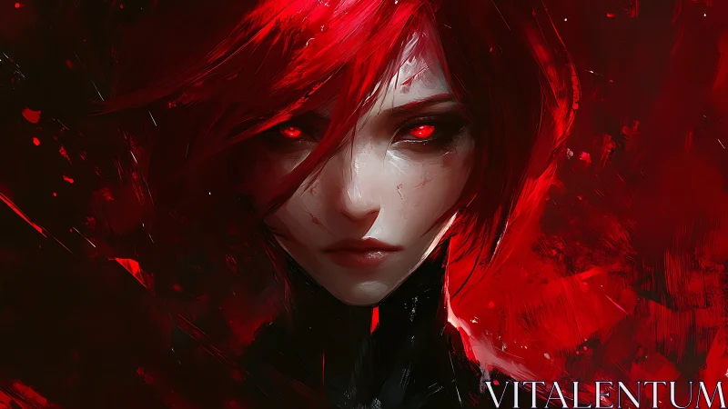 Red-eyed cyber-muse emerges from abstract crimson rupture