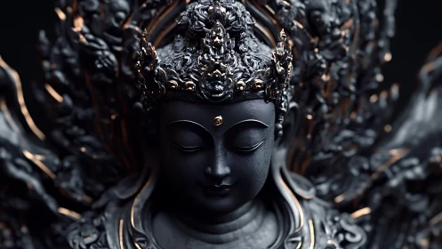 Dark metallic deity statue with ornate crown and calm face.