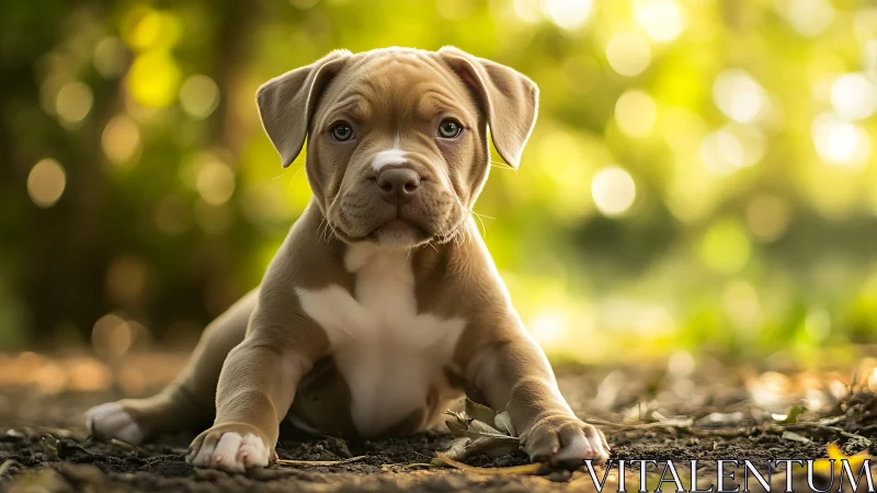 Brown pit bull puppy resting on forest floor at golden hour.