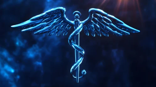 Shiny Caduceus Symbol in Futuristic Blue Digital Art Style.