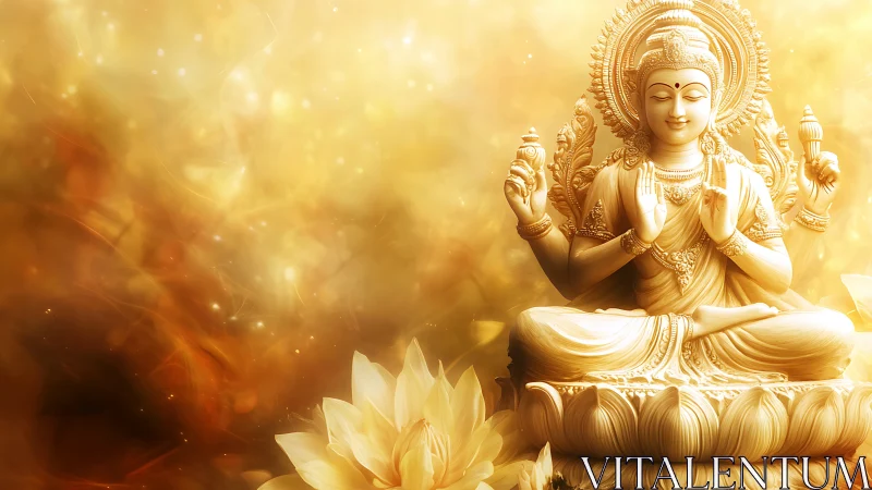 Radiant golden Buddha statue rests in serene lotus light