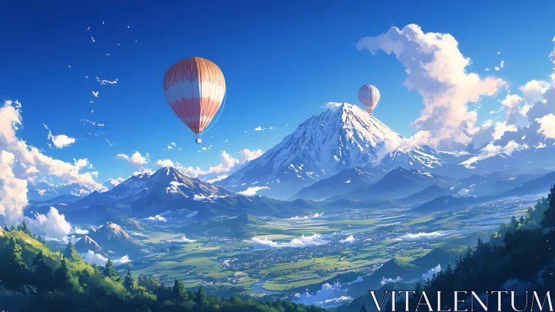 Skybound balloons drift above sunlit alpine valleys.