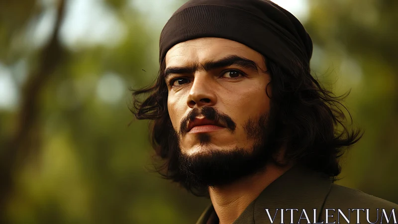 Forest rebel gaze under sunlit green hush of silence.