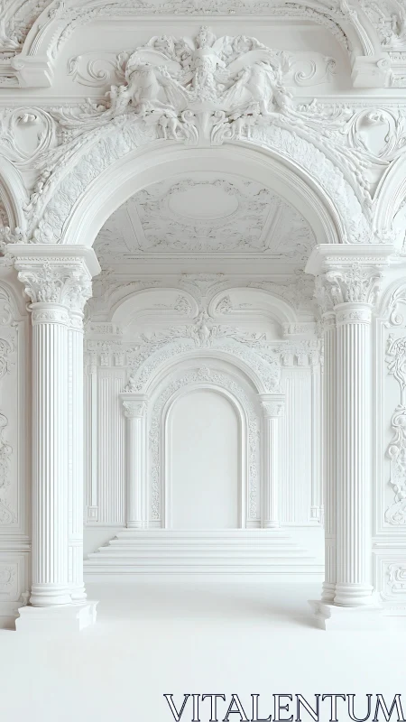 Dreamlike white palace archway dressed in quiet opulence.