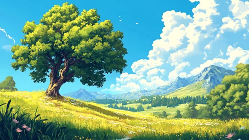 Sunlit tree welcomes you into a bright mountain meadow