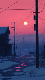 Neon dusk spills across a quiet snowbound backstreet.