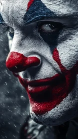 Storm-lit clown close-up with sly, mysterious half-smile.