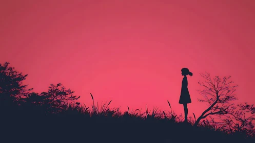 Soft twilight sky cradles a quiet girl on a lonely hill