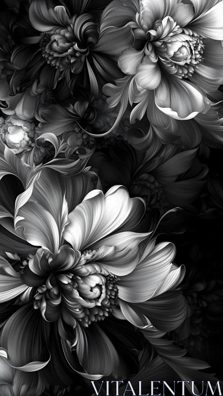 Monochrome digital blossoms with layered swirling petals.