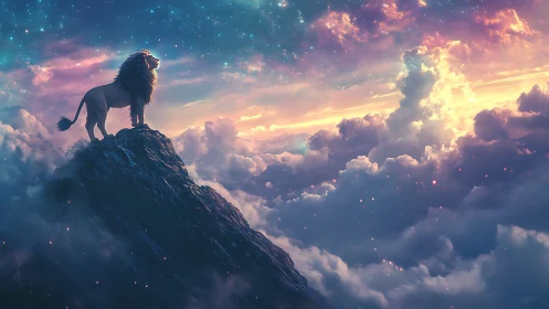 Lone lion surveys glowing cloudscape under radiant stars