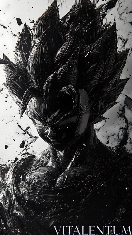 Inkborn warrior erupts from shadow, carved in liquid night.