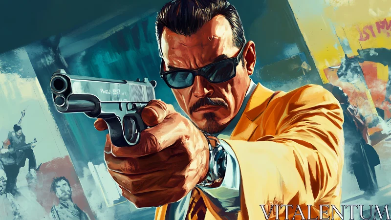 Sharp-suited marksman freezes time with a neon-cool stare