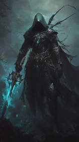 Hooded armored figure holds glowing edged weapon in mist