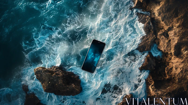 Smartphone hovers over crashing ocean surf and rugged cliffs.