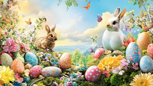 Easter meadow rabbits among painted eggs and blossoms.
