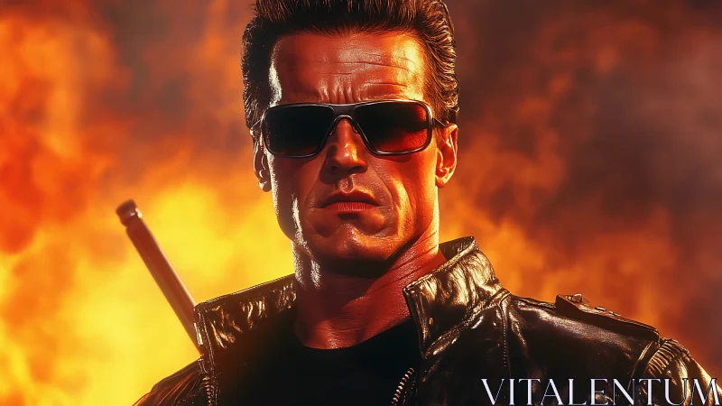 Cybernetic warrior stands before roaring firestorm backdrop.