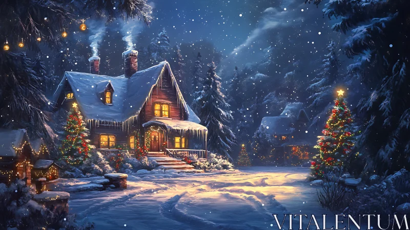 Snowy forest cottage with glowing Christmas lights at night.