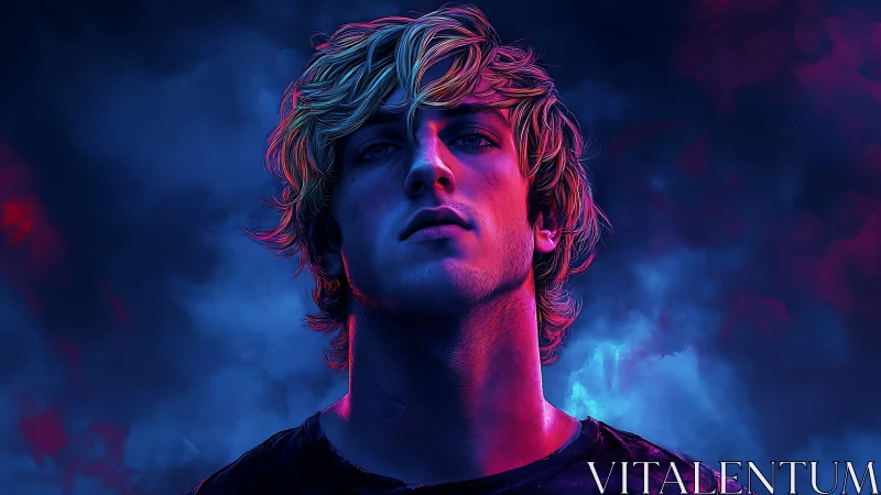 Neon-lit portrait channels intense stare in stormy glow.