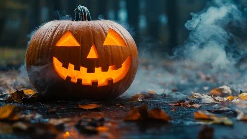 Lit jack o lantern on wet autumn ground with misty air.