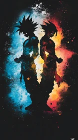 Dual anime warriors stand back to back in split chromatic aura