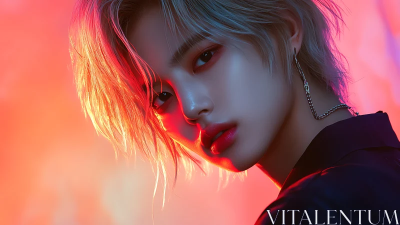 Androgynous digital portrait under vivid neon light.