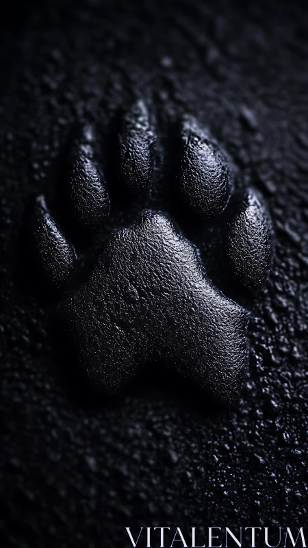 Glossy black animal paw print in textured wet surface.