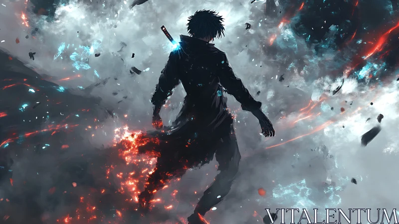 Silhouetted swordsman walks through swirling energy storm
