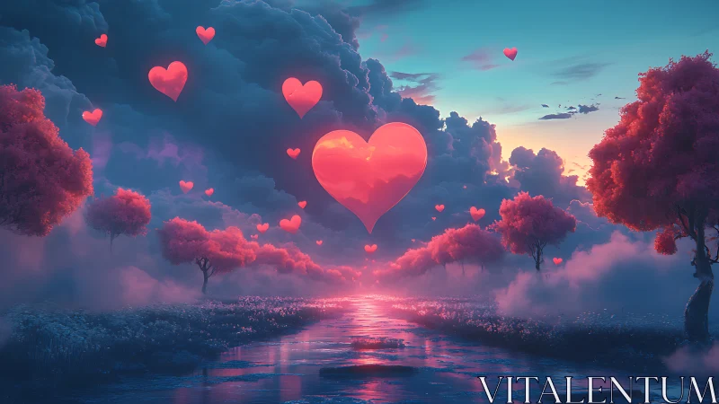 Digital Rendering of Luminous Hearts in Atmospheric Landscape