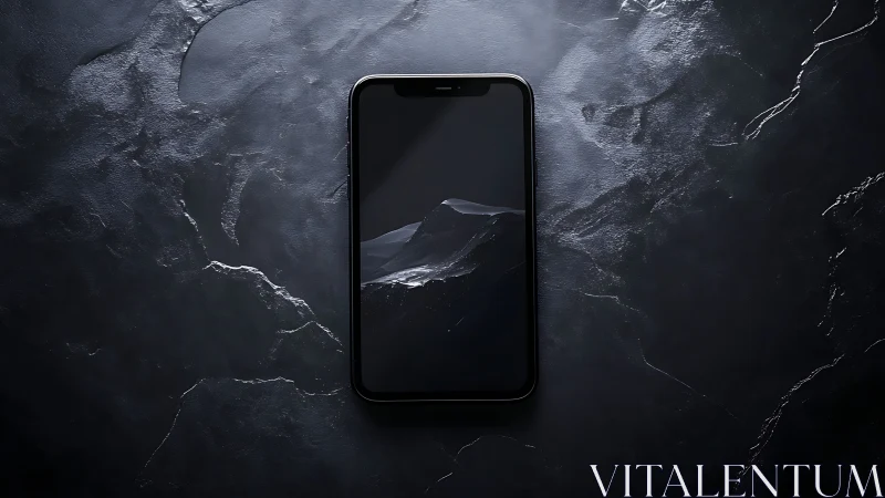 Black smartphone on dark textured stone surface, centered.