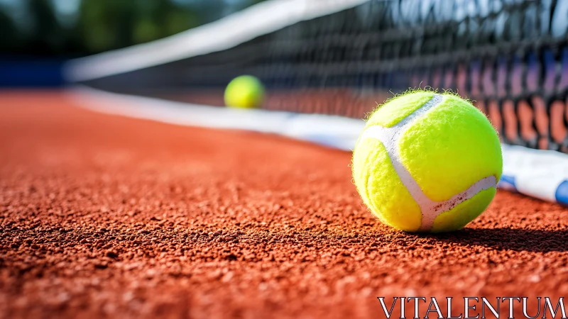 Macro tennis ball on clay court with shallow depth of field.