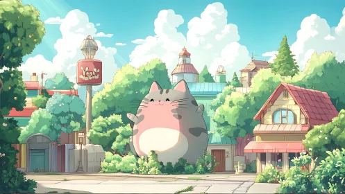 Giant pastel cat statue anchors sunny village plaza.
