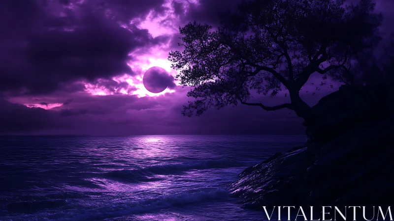 Violet moonrise over stormy sea and windswept cliff tree.