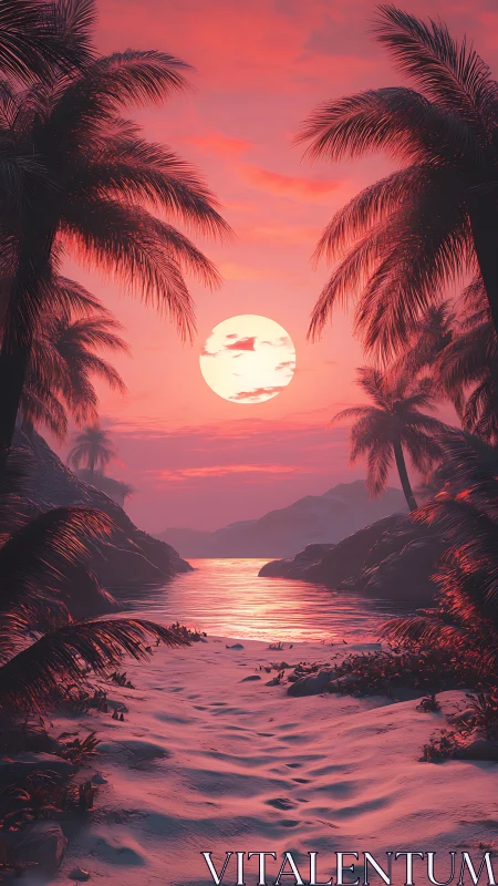 Neon tropical beach sunset floods calm reflective shoreline.