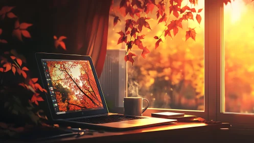 Autumn workspace glows beside sunlit window with laptop open