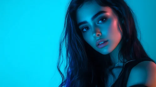 Blue neon portrait of young woman with glossy makeup.