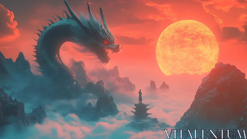 Colossal celestial dragon over misty peaks at molten sunset