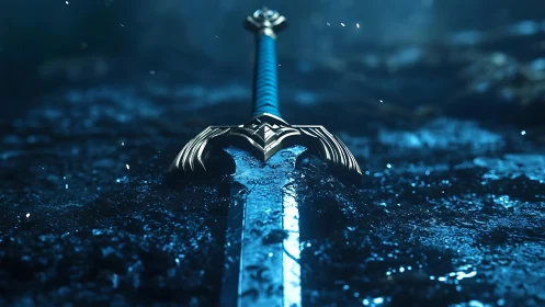 Cold-forged longsword embedded in saturated nocturnal soil.