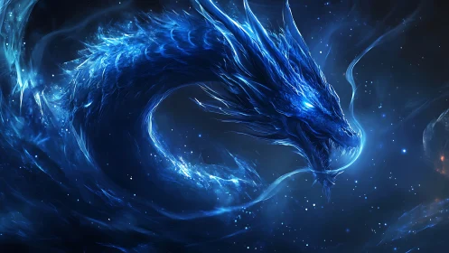 Blue spectral dragon form rendered in a cosmic space scene.