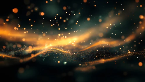 Abstract glowing orange light particles on dark background, digital art.