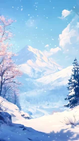 Snow-clad alpine valley extends beneath sunlit peak