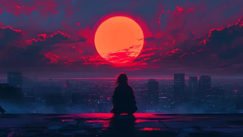 Silhouette watches neon city under vast crimson sun