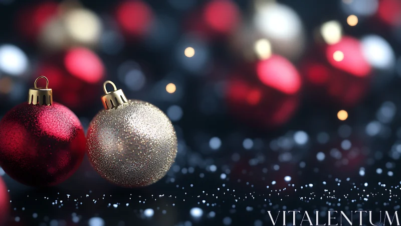 Specular holiday ornaments under shallow depth-of-field bokeh.