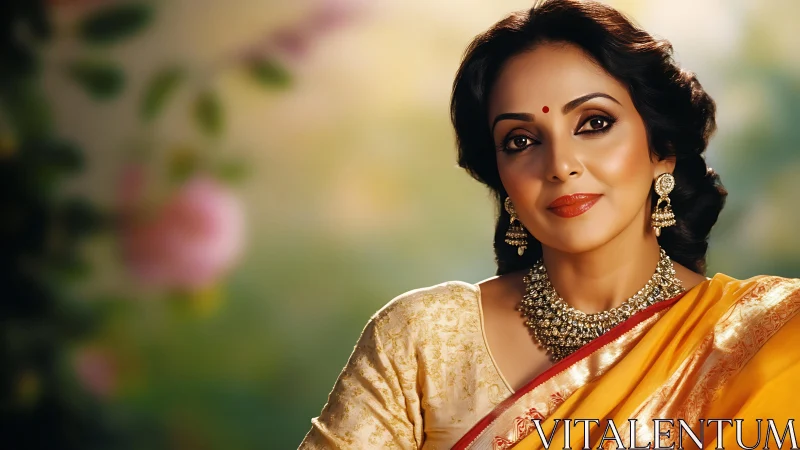 Elegant woman in golden sari smiles in soft garden light