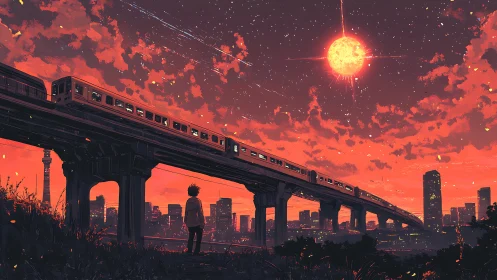 Elevated metro train under apocalyptic red sky and burning sun