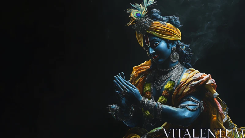 Divine blue figure in ornate garments against deep shadow.