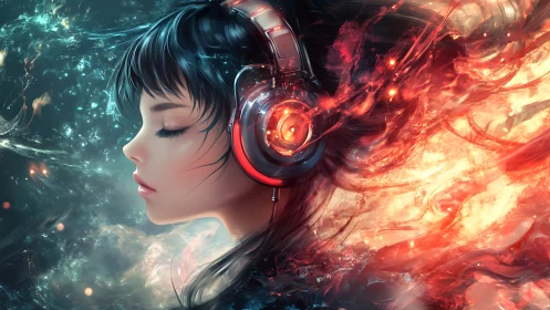 Digital portrait of girl in headphones with fire and water.