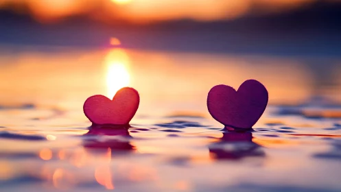Two Pink Hearts Rest on Wet Sand at Sunset.