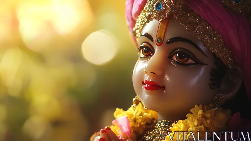Devotional deity statue glows under warm golden bokeh light